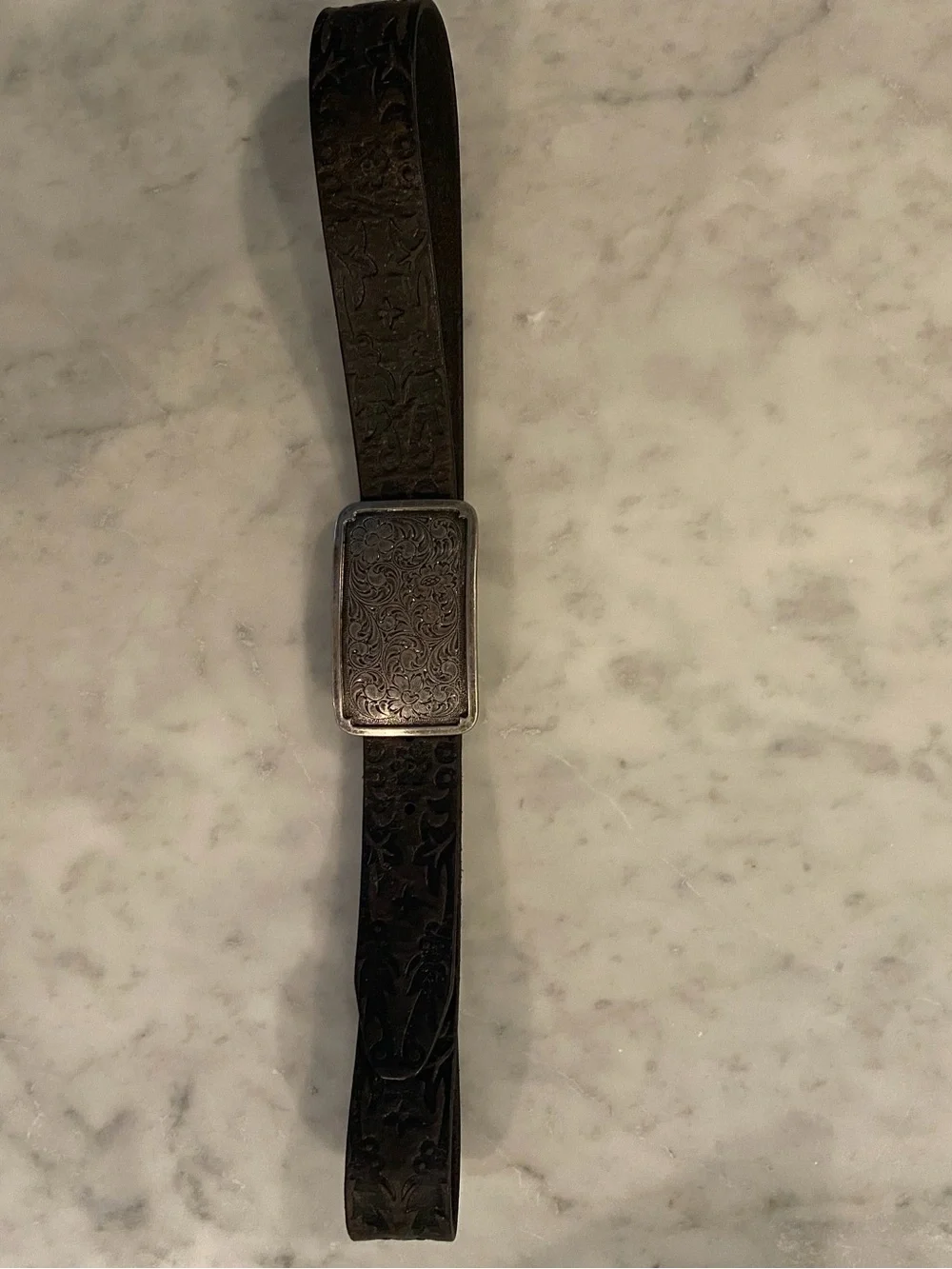 Fossil Black Tooled Leather Belt with Ornate Metal Buckle